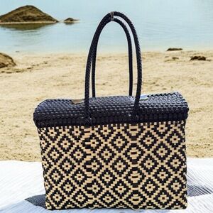 Bold White and Blue Geometric Tote Bag (woven durable material)